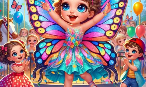 Uma menina de 2 anos, chamada Lila, está no centro da imagem. Ela tem grandes olhos brilhantes e um sorriso radiante, vestindo uma linda fantasia de borboleta com asas coloridas, azul, rosa e amarelo, que brilham sob o sol. Ela dança alegremente, com os braços levantados, cercada por confetes coloridos que flutuam ao seu redor. Ao lado dela, um menino de 3 anos, com cabelos cacheados e um boné vermelho, ri enquanto segura um balão em forma de estrela. Ele está maravilhado com a beleza de Lila e aplaude enquanto dança. Outra criança, uma menina de 4 anos com tranças e um vestido de bolinhas, está sentada em um carrossel ao fundo, sorrindo e acenando para Lila. O local da cena é um parque vibrante e festivo, cheio de decorações de carnaval: guirlandas coloridas, balões flutuantes e um carrossel que gira lentamente, iluminado por luzes cintilantes. Árvores verdes cercam o parque, e o céu é de um azul brilhante, salpicado de algumas nuvens brancas. A situação principal mostra Lila dançando entusiasticamente no meio da festa, cercada por seus amigos que se divertem, criando uma atmosfera alegre e mágica, cheia de risos e cores.