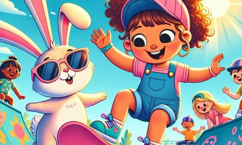 In a sunny skate park, Mia, a two-year-old girl with curly hair and a bright smile, is skateboarding on her pink board. Next to her, Lily, another two-year-old girl with blonde hair and a blue cap, encourages her by raising her arms. A little further away, Benny, an adorable magical rabbit wearing a helmet and sunglasses, joyfully hops, ready to join them. The skate park is filled with colorful ramps, vibrant graffiti on the walls, and young children having fun. The sky is blue and the sun is shining, creating a joyful and dynamic atmosphere. Mia and Lily practice together, laughing and encouraging each other, while Benny motivates them with jumps and spins, showing that fun and friendship are more important than competition.