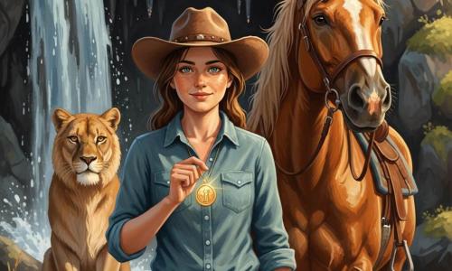 Clara, a young, brave woman with a sun-freckled face, serene smile and bright eyes, holds a gold pendant that glitters against her denim shirt as she exits a damp cave with a proud posture, brown hair under a dusty cowgirl hat; Blaze, a chestnut stallion with a tousled mane, steaming nostrils and a worn saddle and leather bridle, stands to her right; a majestic mountain lion with a tawny coat and amber eyes sits protectively at the cave entrance to her left and slightly behind; the cave is hidden behind a silver waterfall splashing mossy rocks, its interior showing glistening stalactites and walls studded with small gems reflecting light; warm evening sunlight floods the scene with long golden highlights and soft shadows, conveying wonder, accomplishment and mutual respect between the heroine and nature; acrylic painting style, saturated colors, visible brush textures, soft strokes and crisp edges, composition centered on Clara and the glowing pendant.