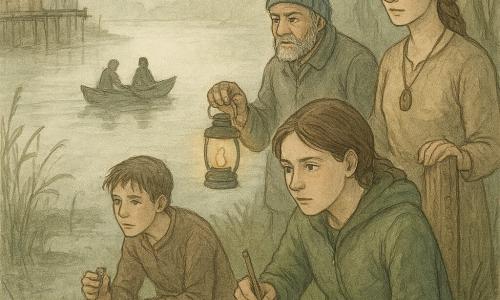 Mira steht im Vordergrund, konzentriert und respektvoll, mit glänzenden Augen, grüner Regenjacke, offenem Notizbuch in der linken und Bleistift in der rechten Hand, hockt auf einer grasigen Anhöhe; links leicht zurückgesetzt Jaro, etwa 60, robust, blauer Mütze und rauen Händen, mit Laterne und beschützendem Blick zum Wasser; rechts Leni, etwa 40, geflochtenes Haar und Holzanhänger, ruhig, Hand auf einem geschnitzten Pfosten am Wegesrand; der schmächtige, nervöse Junge Niko, etwa 14, hockt bei Mira mit einem kleinen Pfeiferl in der Hand und starrt zum See; in der Ferne zwei Schatten in einem kleinen Boot, einer mit Kapuze, einer mit schwacher Laterne; Ort: Pfahlbaufdorf am nebligen See mit verwitterten Holzbohlen, Schilf, hängenden Weiden und versunkenen Balken, perlmuttgrauer Himmel am Abend; Szene: die Gruppe beobachtet schweigend Eindringlinge, gespannte aber respektvolle Atmosphäre, feine Linien, Holztexturen und Wasserreflexe im Aquarellwaschstil, Palette aus Grün-, Braun- und Grautönen.