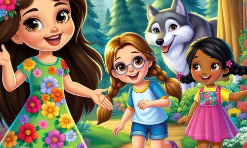 Hay tres personajes principales: 1. **Lila**: una niña de 7 años con largos cabellos castaños y ojos brillantes. Lleva un vestido colorido con flores y sonríe alegremente, de pie en el centro del claro. 2. **Ana**: una niña de 7 años con trenzas rubias y gafas redondas. Lleva una camiseta azul y un short, mirando con curiosidad al lobo, un poco apartada a la izquierda de Lila. 3. **Sofía**: una niña de 7 años con cabello negro y dos coletas. Viste una falda rosa y una camiseta amarilla, de pie a la derecha de Lila, extendiendo la mano hacia el lobo. El lugar es un claro encantado en un bosque verde, rodeado de árboles majestuosos con hojas brillantes. Flores coloridas salpican el suelo y rayos de sol filtran a través de las ramas, creando un ambiente cálido y acogedor. La situación principal muestra a las tres amigas riendo y jugando con un gran lobo gris de pelaje espeso, que parece amistoso y alegre. El lobo, con una gran sonrisa, está sentado en medio de las niñas, mientras que alrededor de ellos, animales curiosos comienzan a acercarse, intrigados por este encuentro alegre.