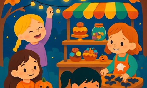 Hay 4 niños: - Luna: una niña de 4 años con cabello largo castaño, vestida con un vestido naranja con estampados de calabazas. Está a la izquierda, sonriendo y sosteniendo una pequeña calabaza. - Ana: una niña de 4 años con trenzas rubias, vestida con una túnica violeta. Está en el centro, sujetando una guirnalda de luces brillantes. - Vera: una niña de 4 años con cabello pelirrojo, usando un delantal decorado con fantasmas. Está a la derecha, colocando pasteles en forma de murciélagos sobre una mesa. - Lola: una niña de 4 años con cabello negro en coletas, vestida con un vestido negro con estrellas. Está frente a la mesa, pegando calcomanías en calabazas sonrientes. El lugar es una bonita plaza decorada para Halloween, con árboles de hojas naranjas y doradas, faroles colgantes que brillan en la noche y un cielo estrellado. En el centro, hay un pequeño puesto colorido lleno de pasteles, caramelos y calabazas sonrientes, creando una atmósfera cálida y festiva. La situación principal muestra a los cuatro niños trabajando juntos con alegría para preparar su puesto de 