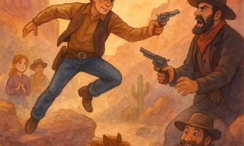 Un uomo, Jack, volto quadrato, pelle abbronzata, capelli castani sotto un largo cappello da cowboy, sguardo determinato e benevolo, salta da una grande roccia in posizione d'azione con una mano tesa per disarmare un bandito; un ragazzo, Billy (trapper), basso, barbuto, circa 40 anni, occhi vivaci, gilet di cuoio e cappello consumato, è accovacciato vicino a un passaggio roccioso sorridendo maliziosamente verso Jack; una ragazza, Emma, circa 12 anni, capelli rossi legati in treccia, vestito semplice, volto preoccupato ma coraggioso, è sullo sfondo vicino a un piccolo gruppo di paesani che acclamano con le mani giunte; un uomo, Butch McCoy (bandito), alto, barba nera, foulard rosso, volto furioso e sorpreso, tiene ancora un revolver che Jack sta disarmando, leggermente davanti e inclinato all'indietro; un cavallo, Dusty, sauro, criniera al vento, occhi vivaci, galoppa sollevando polvere a sinistra di Jack; luogo: canyon roccioso al crepuscolo con pareti ocra e rosse, cactus e cespugli spinosi, piccole pietre e polvere sollevata, cielo arancio-viola e luce calda radente che crea ombre lunghe; situazione principale: scena dinamica di confronto eroico e non violento, nube di polvere, gesti chiari e sguardi determinati, composizione centrata su Jack che disarma Butch mentre Billy prepara la fuga dei ladri e Dusty blocca la via.