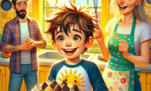Un ragazzo di 4 anni di nome Leo, con capelli castani disordinati e grandi occhi vivaci, sta ridendo mentre tiene in mano una torta dalla forma strana, coperta di crema e pezzi di cioccolato. Indossa una maglietta colorata con un sole disegnato sopra e un pantaloncino blu. Accanto a lui, sua madre, una donna di circa 30 anni con capelli lunghi e biondi, sorride osservandolo. Indossa un grembiule a fiori e tiene una frusta in una mano, come se lo avesse appena aiutato a preparare la torta. Sullo sfondo, il padre, un uomo di circa 35 anni con una leggera barba e occhiali, appare sorpreso e divertito, con le braccia aperte, pronto a ricevere la sorpresa del figlio. Indossa una camicia a quadri e jeans. La scena si svolge in una cucina luminosa e accogliente, con pareti gialle, una grande finestra che lascia entrare la luce del sole e utensili da cucina colorati appesi al muro. La situazione principale mostra Leo, tutto emozionato, mentre rivela al papà la sua torta fallita ma divertente, creando un momento di gioia e risate in famiglia.