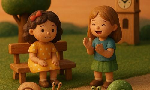 Hay cuatro personajes: Paula (niña de 6 años, pelo castaño rizado, lazo rojo, vestido amarillo de lunares) sentada en un banco de madera a la izquierda mirando los caracoles; Carla (niña de 6 años, pelo liso castaño claro, camiseta azul con gato, falda verde) de pie a la derecha aplaudiendo; Lento (caracol, concha beige y espiral marrón) avanzando lentamente en primer plano izquierdo; Rápido (caracol, concha verde pálido con manchas blancas, expresión traviesa) en primer plano derecho en postura de carrera. Escena en un parque en miniatura con césped, camino de grava, un árbol redondo, un banco y al fondo una pequeña torre de reloj sonriente; las niñas juegan carreras de caracoles que llevan etiquetas con sus nombres, luz de atardecer suave, sombras largas y tonos cálidos.