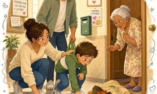 Bambino di 6 anni, viso rotondo e capelli castani corti, prima sorpreso poi sollevato, occhi grandi e lucenti, si china per raccogliere un'arancia con le mani sulle ginocchia; donna adulta (madre, ~35 anni), capelli castani raccolti in uno chignon, sorriso dolce e sguardo rassicurante, accovacciata accanto a lui con una mano sulla sua spalla sinistra; uomo adulto (padre, ~36 anni), barba corta, abbigliamento casual, leggermente indietro con una borsa riutilizzabile e un sorriso incoraggiante; donna anziana (vicina, signora Ada, ~75 anni), capelli bianchi in chignon, vestito a fiori, mani tremolanti, alla porta del suo appartamento con aria imbarazzata e riconoscente; corridoio di palazzo caldo, luce gialla soffusa, pavimento chiaro, porta in legno con numero, alcune locandine e una cassetta postale, atmosfera intima di quartiere; scena principale: borsa della spesa rovesciata a terra, arance sparse come piccole sfere luminose, persone raccolte che le raccolgono insieme con gesti calmi e complici, senso di conforto e scoperta, il rumore "BUM" trasformato in un'azione umana spiegata.
