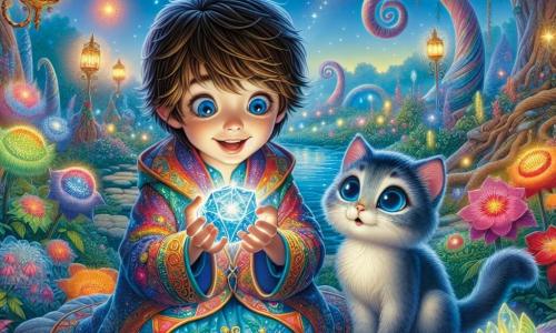 Un ragazzo di 8 anni, Leo, con capelli castani e occhi pieni di curiosità, si trova al centro dell'immagine. Indossa una tunica colorata decorata con motivi magici e il suo volto esprime una gioia immensa mentre tiene un piccolo dispositivo luminoso nelle mani, pronto ad attivarlo. Accanto a lui, una gattina blu di nome Luna, con grandi occhi brillanti e un pelo scintillante, guarda Leo con entusiasmo. È seduta su una pietra, con le zampe anteriori incrociate, pronta ad aiutarlo nella sua avventura. Sullo sfondo, un giardino fantastico si estende a perdita d'occhio, pieno di fiori luminescenti che danzano al ritmo di una dolce brezza. Alberi con tronchi a spirale e foglie multicolori creano un'atmosfera magica, mentre stelle scintillano in un cielo crepuscolare. La scena principale mostra Leo e Luna, circondati da questa bellezza, pronti ad attivare il dispositivo magico, con un bagliore di luce che inizia a emanare dall'oggetto, annunciando un'avventura straordinaria che li attende.