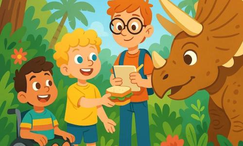 Three 9-year-old boys stand in the center of a vibrant prehistoric jungle. Max, with curly golden hair and sparkling blue eyes, holds a sandwich in one hand and gazes in wonder at a huge Triceratops in front of him. To his right, Leo, a tall boy with red hair and thick glasses, observes the dinosaur with fascination, sketchbook in hand, ready to draw. To the left, Sam, a smiling boy in a wheelchair wearing a colorful t-shirt, looks at the Triceratops with bright, excited eyes, his contagious smile lighting up his face. The jungle is lush, filled with large green ferns, vibrant flowers, and tall trees with thick trunks, while a clear blue sky looms above. In the background, sounds of prehistoric creatures resonate, adding to the adventurous atmosphere. The boys are trying to befriend the Triceratops, which seems curious and friendly. Max extends the sandwich as the Triceratops gently approaches, its large expressive eyes fixed on the children, creating a magical scene full of promises of adventure.
