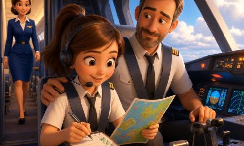 A young female co-pilot with a round smiling face, brown ponytail and focused bright eyes checks a colorful paper card and ticks a list with a pen; a roughly 40-year-old male pilot with a short beard sits beside her, kindly watching the instruments and resting a reassuring hand on her shoulder; a flight attendant in a blue uniform walks calmly down the cabin aisle in the background; the cockpit is lit by warm light with colorful buttons, bright screens, metal levers and large front windows showing blue sky and fluffy clouds; slight turbulence causes a small warning blink while the co-pilot updates her chart and speaks into the mic, the scene feeling organized, calm and precise with vivid contrasting colors.
