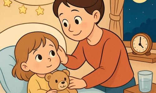 Die zweijährige Mila sitzt im Bett, rundes Gesicht, rosige Wangen, große neugierige halb verschlafene Augen und hält ein beiges Stoffteddy an die Brust; das Teddy ist hellbraun mit glänzenden schwarzen Augen und leichtem Lächeln auf ihrem Schoß. Die Mutter, etwa 30 Jahre alt mit braunen Haaren im Dutt und zärtlichem Lächeln, beugt sich seitlich ans Bett und streicht Mila durchs Haar. Auf einem Regal steht eine kleine Holz‑Uhr mit einfachem Zifferblatt und schwarzen Zeigern, auf dem Nachttisch ein Glas Wasser mit aufsteigender Blase und klaren Lichtreflexen. Hinter dem Bett zeigt das Fenster einen tiefblauen Nachthimmel mit einem blassen gelben Mondsichel. Das Zimmer ist warm mit cremefarbenen Wänden, pastelligen gestrickten Decken (Blau und Rosa), einer Girlande kleiner Sterne über dem Bett und einem weichen Teppich; Szene: ruhiges, zärtliches Einschlafritual, Mila hört der Mutter zu und blickt zum Mond, gedämpftes Licht, einfache Komposition und runde Formen.
