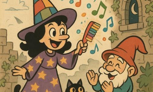 A joyful witch named Mimi Muddle, wearing a colorful patchwork hat and a star-patterned dress, holds a magical rainbow-toothed comb that glows. She is smiling and singing, her eyes sparkling with mischief. Beside her, a gnome named Nib, about 50 years old, with an oversized hat and a white beard, claps enthusiastically. He stands on tiptoe next to Mimi. A mischievous cat, Pips, with curious eyes, watches the scene while rubbing against Mimi's leg. The scene takes place atop the Misty Citadel, a fantastical location with stone walls covered in ivy and moon-shaped windows. The main situation shows Mimi using the magical comb to close a crack in the air, from which colorful letters and musical notes escape, floating like bubbles around them.