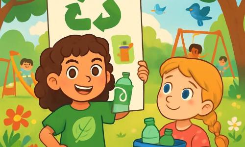 Uma menina de 8 anos, Sofia, com cabelos castanhos e cacheados, usa uma camiseta verde com um desenho de folha e um short jeans. Ela tem um sorriso determinado e olhos brilhantes de curiosidade. Sofia segura um grande cartaz colorido com desenhos de reciclagem, em pé no meio de um parque ensolarado, cercada por flores vibrantes e árvores majestosas. Ao lado dela, sua melhor amiga Clara, também de 8 anos, tem cabelos loiros trançados e usa um vestido rosa com bolinhas. Ela olha para Sofia com admiração, segurando um pequeno balde de reciclagem cheio de garrafas plásticas. Ao fundo, crianças de diferentes idades brincam alegremente em balanços e escorregadores, enquanto pássaros cantam nas árvores. A cena principal mostra Sofia e Clara, entusiasmadas e engajadas, prontas para explicar a outras crianças a importância de reciclar e proteger a natureza, com sorrisos radiantes e gestos expressivos.