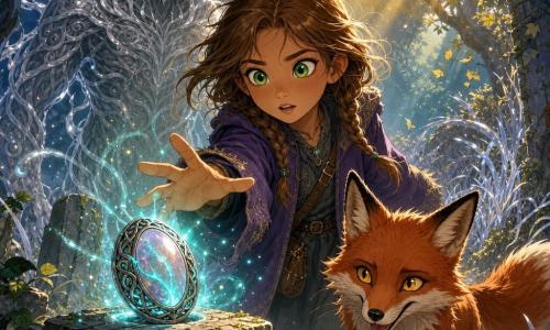 An apprentice witch named Elara with light chestnut braided hair, a worn purple coat and bright green eyes reaches toward a glowing oval amulet on a rune-carved stone pedestal in an enchanted clearing; a mischievous red fox with golden eyes and a playful expression jumps at her right front as if guiding her, while a tall silvery-rooted Guardian of misty form floats protectively behind the pedestal. The scene is warm and adventurous with saturated violet, turquoise and gold tones, sparkling silver grass, moonlit rays, ivy-covered stones and magical dust, focused light on the amulet and small sparks around it, clear soft lines and child-friendly expressions in a dynamic mid-shot composition.