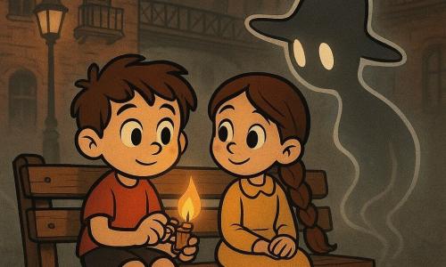 An 8-year-old boy, Milo, sits on a worn wooden bench with a round face, tousled brown hair and bright eyes, shy but determined, lighting a small brass lighter to ignite an amber nightlight that casts a warm circle on the planks; beside him an 8-year-old girl, Lila, with a long thick braid and a curious smile, hands on her knees, watches admiringly; a shadowy, translucent floating figure like a wide-brimmed hat edged in silver smoke stands a few steps away, leaning gently toward the light without menace; behind them are a row of old red-brick buildings with patinated wrought-iron balconies and small wooden walkways, the damp air veiled in mist that softens the streetlamps into yellow halos, creating a quiet, intimate, slightly magical scene of warm colors against a cold fog.