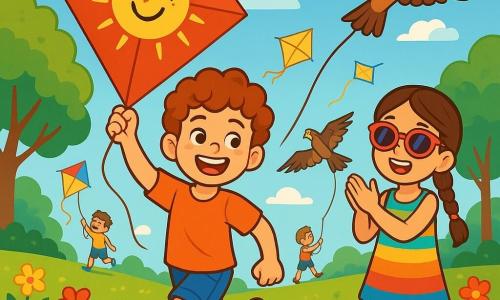 An 8-year-old boy named Oliver, with curly hair and a bright smile, joyfully runs in a sunny park, firmly holding a large red kite with a smiling sun painted on it. His face radiates pride and excitement, his sparkling eyes reflecting the joy of watching his kite soar in the blue sky. Next to him, his best friend Mia, a 7-year-old girl with long braided brown hair, enthusiastically claps, holding an eagle-shaped kite. She wears a colorful dress and sunglasses, standing slightly back, encouraging Oliver with a big smile. The park is filled with lush greenery, majestic trees, and colorful flowers dancing in the wind. Children of all ages are flying their kites, creating a vibrant tableau of colors in the sky. The main scene shows Oliver running determinedly, his kite flying high, feeling a wave of pride and happiness, surrounded by friends and a festive atmosphere.