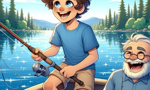 A 12-year-old boy, Ethan, with messy brown hair and sparkling eyes, smiles widely as he holds a fishing rod, standing on a small wooden boat. He wears a bright blue t-shirt and beige shorts, his bare feet resting on the wooden deck. Next to him, his grandfather, an elderly man with a gray beard and round glasses, joyfully laughs while holding a bait box, his eyes shining with pride. In the background, a beautiful stretch of lake sparkles under the sun, surrounded by tall green trees and distant mountains, while birds fly in the blue sky. The scene conveys a sense of happiness and adventure, capturing the moment when Ethan discovers the joy of outdoor fishing with his grandfather.