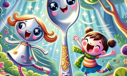 An illustration depicts a small spoon-shaped character with a shiny silver body and a big joyful smile. He has sparkling eyes and looks excited, bouncing on his rounded tip, ready for adventure. Next to him, a brave little girl shaped like a butter knife, with a sparkling golden blade and a determined expression, raises her arm in encouragement. A fork-shaped boy, with colorful tines and a polka-dot scarf around his handle, joyfully spins around. Their environment is an enchanted forest, where twisted trees dance with the wind, and sunlight filters through the leaves, creating a magical play of light on the ground. Nearby, giggling purple berries hide in a bush, ready to tease them. The main scene shows the group laughing as they are tickled by the giggling berry bush's branches. Laughter and bubbles of joy float around, adding a touch of magic to the scene. Other graphic elements include bright and cheerful colors, sparkling light bursts, and fun details like silly hats on the clouds above, enhancing the playful and fantastical atmosphere of their adventure.
