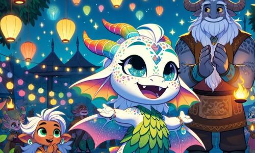 No centro da imagem, uma pequena dragonesa chamada Zara, com escamas cintilantes nas cores do arco-íris e olhos brilhantes como estrelas, dança alegremente sob um céu estrelado, expressando alegria e excitação. Ela está cercada por lanternas coloridas que flutuam ao seu redor, iluminando seu sorriso radiante. À sua direita, um elfo de cabelos prateados e orelhas pontudas, vestido com uma túnica de folhas, aplaude com admiração, seu rosto irradiando orgulho pela dança de Zara. À sua esquerda, um minotauro imponente, com chifres majestosos e um avental de cozinha, sorri calorosamente enquanto segura um prato de especialidades, mostrando seu apoio ao evento. O cenário se passa em uma praça central animada da cidade de Luminária, pavimentada com pedras luminosas que brilham sob a luz das lanternas. Árvores com folhas brilhantes cercam o palco, e criaturas de todos os tipos se reúnem, criando uma atmosfera festiva e acolhedora. A cena principal mostra Zara dançando com entusiasmo, celebrando a diversidade e a unidade das diferentes culturas presentes no festival, enquanto os outros personagens a incentivam e compartilham sua alegria, ilustrando assim a harmonia e a beleza da diversidade.