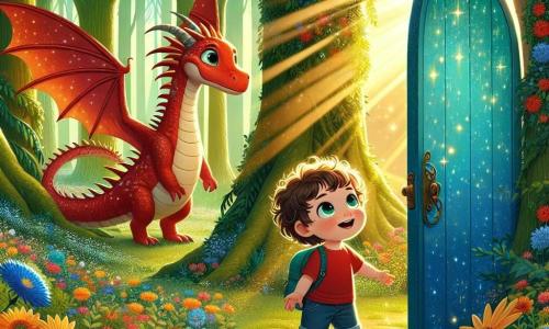 A 2-year-old boy with curly hair and sparkling eyes stands in front of a shiny blue door. He wears a red t-shirt and denim shorts, and his face shows immense joy and excitement. Next to him is a warm and friendly red dragon, with shimmering scales and big gentle eyes, ready to take flight. The dragon is large and majestic, with its wings spread wide. The scene takes place in a magical forest with tall, lush trees and colorful flowers that sing sweet melodies. Sun rays filter through the leaves, illuminating the flower-covered ground. The amazed boy looks at the magical door he just opened, while the dragon invites him to climb on its back for a flight over the enchanted forest.