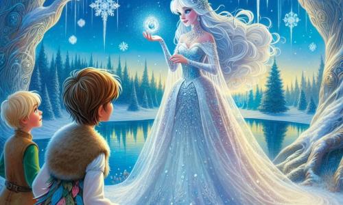 Regina zăpezii, cu rochia ei lungă strălucitoare din cristale de gheață, stă măreț în centrul scenei, fața ei delicată fiind luminată de un zâmbet blând dar melancolic. Părul ei argintiu plutește ca fulgii de zăpadă, iar ochii ei strălucesc cu o lumina misterioasă. Lângă ea, Kay, un băiat de aproximativ 12 ani, cu părul castaniu și ochi strălucitori, privește cu curiozitate ceasornicul magic pe care îl ține în mâini. Gerda, o fetiță de 10 ani cu părul auriu și o rochie din frunze colorate, se apropie cu o privire uimită, pregătită să descopere secretul timpului. Scena se desfășoară în inima unei păduri fermecate, unde copacii măreți cu trunchiuri argintii se ridică spre un cer albastru deschis presărat cu nori pufoși. Fulgi de zăpadă dansează în jurul lor, în timp ce un lac strălucitor reflectă lumina soarelui, creând o atmosferă feerică. Regina zăpezii, Kay și Gerda stau împreună, înconjurați de magie, în timp ce explorează puterea ceasornicului, căutând să restabilească echilibrul în lumea lor fermecată.