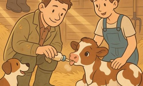 A calm smiling male veterinarian in a straw-stained khaki jacket gently gives electrolytes to a small brown-and-white calf while the relieved farmer Mia, about 30–35 with her hair in a bun and denim overalls, supports the calf; Buttons, a brown-and-white dog, sits alert in the foreground. The calf, Daisy, lies on golden straw, timidly licking a drop; the warm wooden barn with golden light, hanging tools and straw piles creates an intimate, reassuring scene of gentle care with soft colors and textured details.