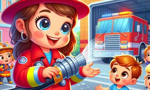 Eine Feuerwehrfrau mit einem breiten, warmen Lächeln und funkelnden Augen trägt eine glänzende rote Uniform und einen strahlenden Helm. Sie zeigt ein großes Schlauch zu den begeisterten Kindern. Ein kleiner Junge, Max, 6 Jahre alt, mit zerzausten braunen Haaren und einem blauen T-Shirt, schaut mit großen neugierigen Augen auf den Schlauch. Ein kleines Mädchen, Lila, 5 Jahre alt, mit blonden Zöpfen und einem rosa Kleid, hockt und berührt den Schlauch mit Staunen. Die Szene spielt vor einer großen, leuchtend roten Feuerwehrstation, mit glänzenden Feuerwehrwagen, die draußen parken, und Rettungswerkzeugen, die an den Wänden hängen. Die Feuerwehrfrau erklärt begeistert, wie man den Schlauch zum Löschen eines Feuers benutzt, während die Kinder ihre Gesten nachahmen, lachen und um sie herumspielen in einer fröhlichen und dynamischen Atmosphäre.