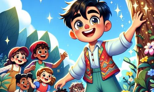 Aladino, un niño con cabello negro y ojos brillantes, lleva un chaleco colorido y pantalones ligeros. Son sonrisa es grande y curiosa mientras se encuentra frente a un árbol mágico de hojas brillantes, extendiendo su mano hacia sus ramas. A su lado, un grupo de niños alegres, incluida una niña de cabello rizado con una gorra roja y un niño con gafas redondas, todos de unos 8 años. Ríen y juegan alrededor del árbol, mientras la niña recoge una flor colorida y el niño recoge hojas. El lugar es un hermoso y misterioso bosque, lleno de árboles de troncos gruesos y flores vibrantes, bajo un cielo azul claro con nubes blancas. La escena principal muestra a Aladino y sus amigos comprometidos en una misión alegre para limpiar el bosque y cuidar la naturaleza, con sonrisas radiantes y una atmósfera de camaradería y magia.