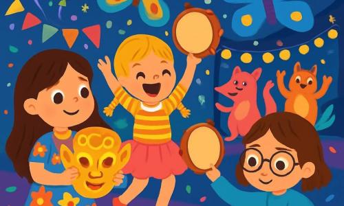 Hay 3 personajes: - Lucía: una niña de 8 años, con largos cabellos castaños y ojos brillantes. Lleva un vestido colorido con motivos de flores y sostiene un magnífico mascarón dorado en sus manos. - Marta: una niña de 7 años, con trenzas rubias y una gran sonrisa. Está vestida con una camiseta a rayas y una falda de tul rosa, saltando de alegría junto a Lucía. - Sara: una niña de 8 años, con cabello castaño y gafas redondas. Lleva un suéter azul y pantalones con lunares, recogiendo confeti brillante del suelo. El lugar donde ocurre la situación principal es un carnaval mágico, lleno de colores vibrantes y luces centelleantes. Mariposas gigantes vuelan a su alrededor, mientras animales fantásticos bailan en un escenario decorado con guirnaldas luminosas. Globos multicolores flotan en el aire y risas alegres resuenan por todas partes. La situación principal de la historia muestra a las tres amigas participando en el Gran Desfile, tocando pequeños tambores y bailando con criaturas fantásticas bajo un cielo estrellado, rodeadas de confeti colorido que cae como lluvia.