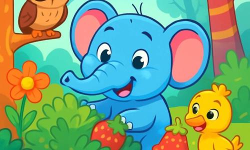 A round, cheerful blue elephant with sparkling eyes and a bright smile stands at the center of the scene, rummaging through a colorful bush in search of a funny hat. To his right, a yellow cranberry named Daisy, with shiny feathers and a mischievous look, curiously holds a small strawberry-shaped hat in her beak. To his left, a wise owl named Oliver, wearing round glasses and brown feathers, perches on a branch, watching the scene with amusement. The setting is an enchanted forest with brightly striped tree trunks, giant flowers with vibrant petals, and a sparkling stream winding through the landscape. The main situation shows Ellie, the elephant, on a quest to find the funniest hat in the world, surrounded by friends who encourage him with laughter and joyful shouts.