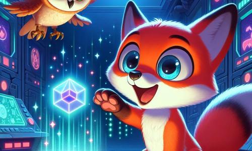 An illustration depicts a young fox with bright red fur and a fluffy tail, expressing great curiosity and excitement. It is touching a small glowing cube floating in front of it, its eyes shining with fascination. Nearby, a small owl with soft feathers and large round eyes, showing a wise and encouraging expression, watches the fox with a benevolent smile from a shelf filled with futuristic gadgets. The main setting is a secret technological laboratory, filled with sparkling machines and colorful holograms projecting fascinating images. The walls are adorned with blinking lights and screens displaying bright data, creating a magical and futuristic atmosphere. The key moment shows the young fox discovering the glowing cube that speaks to it, revealing secrets about a special project to improve its city. Enthusiasm and curiosity fill the air as the owl encourages the fox to continue its adventure. Other graphic elements include floating gadgets, holographic screens displaying colorful maps of the city, and a soft light emanating from the cube, creating an atmosphere of discovery and wonder.