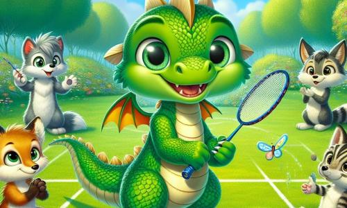 Un piccolo drago di nome Fiamma, con squame verdi brillanti e ali dorate, si trova al centro di un prato verde. Ha un'espressione gioiosa e determinata, tenendo una racchetta da badminton tra le sue piccole zampe. Alla sua destra, un lupo dai peli grigi e dagli occhi maliziosi, sorridente e pronto a giocare, tiene anch'esso una racchetta. A sinistra, una volpe rossa dagli occhi scintillanti, con una coda folta, applaude con entusiasmo. Un gattino tigrato, seduto sull'erba, guarda con ammirazione, i suoi occhi rotondi brillanti di curiosità. Il luogo è un vasto prato soleggiato, punteggiato di fiori colorati e circondato da alberi maestosi, con un cielo blu chiaro e alcune nuvole soffici. La scena principale mostra Fiamma e i suoi amici pronti a iniziare una partita di badminton, pieni di eccitazione ed energia, circondati da un'atmosfera di amicizia e gioia.