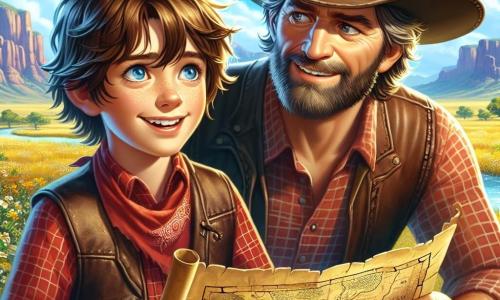 In primo piano, Jake, un giovane cowboy di dodici anni, si erge fiero e determinato. Ha i capelli castani arruffati, occhi blu scintillanti di coraggio e indossa un cappello da cowboy consumato, una camicia a quadri rossa e un gilet di pelle. Brandisce una mappa del tesoro con un sorriso di eccitazione sul volto, pronto per l'avventura. Accanto a lui, Tom, un ranger di quaranta anni, è un uomo robusto con la barba sale e pepe e uno sguardo protettivo. Indossa un cappello da cowboy largo e una giacca di pelle. Si piega leggermente verso Jake, incoraggiandolo con un sorriso complice, una mano sulla spalla del ragazzo. Il contesto è una vasta prateria dorata, punteggiata di fiori selvatici sotto un cielo blu brillante. Sullo sfondo, maestose montagne si ergono e un ruscello scintillante serpeggia nel paesaggio. La scena principale mostra Jake e Tom che pianificano la loro prossima avventura, discutendo della mappa misteriosa trovata da Jake, con un'atmosfera palpabile di eccitazione e cameratismo.