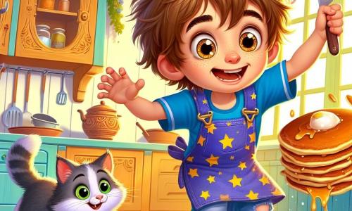 Un niño de 8 años llamado Lucas, con cabello castaño despeinado y ojos llenos de curiosidad, corre en una cocina mágica. Lleva una camiseta azul con estrellas y un delantal un poco grande para él, que flota detrás. Su rostro brilla con emoción y sorpresa mientras intenta atrapar pancakes que han cobrado vida y corren a su alrededor. A su lado, su gato Ronroneo, un felino de pelaje gris y ojos verdes brillantes, salta ágilmente tratando de atrapar un pancake que se escapa por la encimera. Ronroneo tiene una expresión traviesa, disfrutando de esta situación caótica. La cocina es colorida y llena de detalles encantadores: armarios de madera tallada, utensilios que flotan y una ventana que deja entrar una luz dorada, iluminando la harina que danza en el aire. La escena principal muestra a Lucas riendo a carcajadas mientras persigue los pancakes vivos, creando un desorden alegre en esta cocina mágica donde todo parece posible.