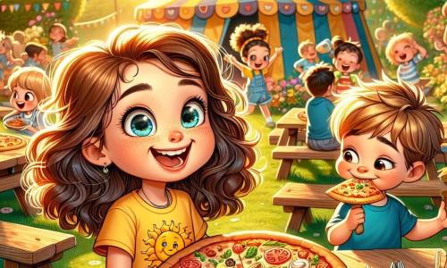 Una niña de 8 años, llamada Sofía, con grandes ojos brillantes y cabello rizado castaño, sonríe entusiasmada mientras sostiene una pizza recién horneada. Lleva una camiseta amarilla con un sol sonriente y un short de mezclilla. A su lado, un niño de 8 años llamado Pedro, con el cabello rubio despeinado y una camiseta azul, ríe mientras intenta dar un mordisco a su propia pizza, con las mejillas llenas de queso. El escenario es un jardín soleado del campamento de vacaciones, lleno de mesas de madera decoradas con manteles coloridos, rodeado de flores brillantes y árboles verdes. Al fondo, niños juegan y ríen, mientras una gran carpa colorida está instalada, donde banderas de diferentes países ondean suavemente al viento. La situación principal muestra a Sofía y Pedro, rodeados de sus amigos, disfrutando de sus pizzas caseras, con risas y expresiones alegres en sus rostros, celebrando su aventura culinaria y la amistad que han forjado en el campamento.