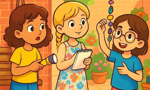 Hay 3 personajes: - Lucía: Una niña de 9 años, con cabello castaño y rizado, que lleva una camiseta amarilla brillante y un pantalón corto de mezclilla. Sostiene una pequeña linterna y observa atentamente a su alrededor. - Marina: Una niña de 9 años, con cabello rubio trenzado, vestida con un vestido de flores y sandalias. Tiene un cuaderno y un lápiz, lista para escribir observaciones. - Paula: Una niña de 8 años, con cabello castaño y gafas redondas, que lleva una camiseta azul y un pantalón rosa. Está mostrando su móvil de piedras, sonriendo y entusiasmada. Las tres niñas están en un patio soleado, rodeado de muros de ladrillo rojo, con macetas de flores coloridas y un viejo columpio de madera. Al fondo, una pequeña fuente murmura suavemente, añadiendo un ambiente pacífico al lugar. La escena principal muestra a las niñas en plena investigación, examinando un móvil de piedras colgado en la barandilla. Lucía ilumina el móvil con su linterna, mientras Marina toma notas y Paula explica cómo lo hizo. Las piedras coloridas y los hilos brillantes bailan suavemente con el viento, creando una escena viva y llena de curiosidad.