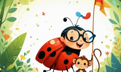 Eine kleine Marienkäfer namens Lola, mit einem Funkeln der Freude in ihren großen runden Augen, trägt eine lustige Brille auf der Nase. Ihr leuchtend roter Körper ist mit schwarzen Punkten übersät, und sie fliegt begeistert über ein großes grünes Laub und hält eine kleine bunte Fahne, um den Start des Rennens zu signalisieren. Neben ihr springt ein fröhlicher kleiner Affe namens Mimi mit braunem Fell und schelmischen Augen von Ast zu Ast, lacht und ermutigt Lola, sich ins Abenteuer zu stürzen. Weiter weg bereitet sich ein eleganter Leopard namens Leo mit goldenen Flecken auf seinem Fell darauf vor, einen Sprung zu machen, bereit, am Rennen teilzunehmen. Die Szenerie ist ein üppiges grünes Dôme, wo große Bäume mit leuchtenden Blättern ein natürliches Dach bilden und ein glitzernder Bach durch die Landschaft schlängelt, der den blauen Himmel widerspiegelt. Die Hauptsituation zeigt Lola, voller Energie, bereit, das große Blätter-Boot-Rennen zu beginnen, umgeben von ihren tierischen Freunden, die alle gespannt darauf warten, wer als Erster die Ziellinie überqueren wird.