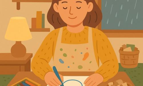 A serene 30-year-old woman artist with loose chestnut hair and gentle eyes sits at a small wooden table, smiling as she holds a blue pencil and draws a slightly wobbly circle; she wears a mustard wool sweater and a paint-stained apron with rolled sleeves and fingers tinted with watercolor. On the table are an open box of colored pencils, a small watercolor set with a green stain, and a basket of recycled paper scraps to her right; no other people are present. The cozy studio features a cream-shaded lamp casting warm light, a textured moss-green rug under the table, wooden shelves of papers and sketchbooks, and a fogged window with fine rain outside, creating a soft, child-friendly composition focused on the peaceful, concentrated artist.