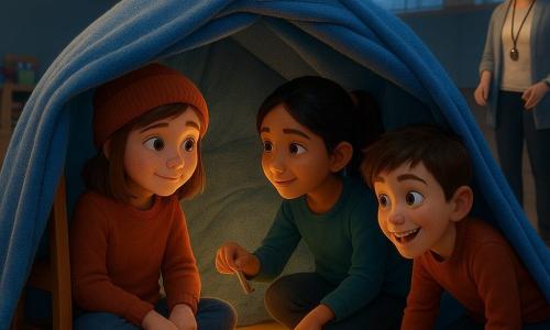Lia, 12 anos, sentada dentro de um iglu improvisado de cobertores azuis e cadeiras, aparenta timidez mas segurança — rosto redondo, sardas leves, cabelo castanho médio sob um gorro, mãos nos joelhos e sorriso tímido; Bia, ~11 anos, cabelo preto apanhado em rabo de cavalo, agachada na entrada ajustando um pregador na cobertura; Tomás, ~11 anos, cabelo castanho curto, espreita na entrada fazendo uma reverência cômica, encostado por fora; Rosa, educadora de 35–45 anos, cabelo acinzentado-azulado preso, roupa confortável, sorri à distância com prancheta e apito; cena numa sala polivalente com chão de madeira envernizada, marcas de ginásio, caixas de brinquedo coloridas e janelas mostrando céu invernal cinzento-azulado; foco no trio aconchegado num iglu luminoso e quente, luz dourada filtrando pelo tecido contra o ar frio exterior, texturas de lã e algodão visíveis, atmosfera de amizade e conforto, paleta de azuis profundos, amarelos quentes e terracota, iluminação cinematográfica suave, estilo 3D detalhado e tátil.