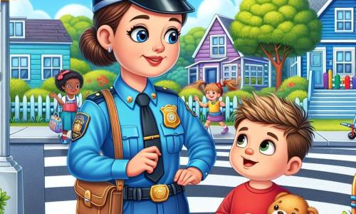 Een glimlachende politieagente, agent Sophie, staat naast een zebrapad, gekleed in een helderblauw uniform met een glanzende badge. Ze heeft bruin haar in een knot en sprankelende ogen van blijdschap, wat haar enthousiasme om kinderen te helpen laat zien. Naast haar staat een jongetje van 7 jaar, Pieter, met rommelig blond haar en een rood t-shirt, die met bewondering naar agent Sophie kijkt terwijl hij een teddybeer vasthoudt. De omgeving is een mooie wijk met kleurrijke huizen, groene bomen en een heldere blauwe lucht. Kinderen spelen in de buurt, en een meisje met twee staartjes heeft plezier op een schommel. De scène toont agent Sophie en Pieter die op zoek zijn naar een verloren teddybeer, met vastberaden en blije gezichten terwijl ze de speeltuin verkennen, omringd door gelach en vreugde.