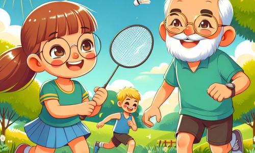 En un parque soleado, una niña de 8 años llamada Carla, con largos cabellos castaños y gafas redondas, sostiene una raqueta de bádminton con una gran sonrisa. A su lado, un niño de 9 años llamado Miguel, con cabello rubio y ojos brillantes, corre alegremente, listo para golpear el volante. Están rodeados de un césped verde brillante, con árboles de hojas doradas y un cielo azul salpicado de nubes blancas y esponjosas. Al fondo, un entrenador amable, el señor Martín, un hombre de unos cincuenta años con barba gris y un sombrero deportivo, los observa con una sonrisa alentadora. La escena muestra a Carla y Miguel jugando juntos, riendo y animándose, mientras se preparan para golpear el volante que vuela en el aire, simbolizando el espíritu de equipo y la alegría del deporte.