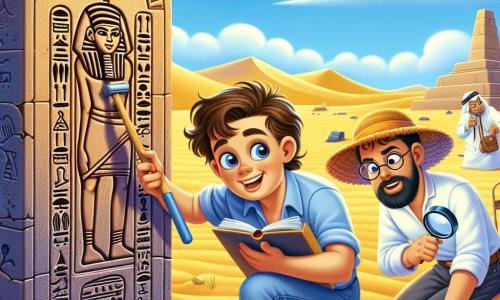In the foreground, Dr. Oliver Stone, a man in his thirties with messy brown hair and sparkling eyes full of curiosity, stands in front of a stone door adorned with hieroglyphs. His face expresses excitement and wonder as he uses a brush to clear sand from around the door, revealing mysterious details. Next to him, Sarah, a young woman about 25 with brown hair in a ponytail and glasses, carefully observes the hieroglyphs, taking notes in her notebook, her focused expression showing her enthusiasm for the discovery. In the background, Tom, a man in his thirties with a well-groomed beard and a straw hat, examines soil samples with a magnifying glass, displaying a look of scientific curiosity. The location is an archaeological site in the Egyptian desert, with golden sand dunes stretching as far as the eye can see and remnants of ancient temples emerging from the ground. The sky is a bright blue, dotted with a few white clouds, while the sun shines brightly, illuminating the scene with a golden light. The main situation shows Dr. Stone and his team discovering a secret door, symbolizing an ancient tomb, and sharing a moment of excitement and discovery, surrounded by the vastness of the desert and the mysteries of ancient Egypt.