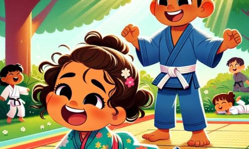 Una bambina di 2 anni, Sofia, con grandi occhi brillanti e capelli ricci castano chiaro, sorride felicemente mentre cerca di fare una capriola su un tatami. Indossa un kimono colorato con motivi floreali e delle ciabatte da judo. Accanto a lei, un ragazzo di 8 anni, il campione, con i capelli corti e neri, sorride e la incoraggia. Indossa un kimono da judo blu e si tiene in posizione di dimostrazione, mostrando a Sofia come piegare le ginocchia. Lo scenario è un parco soleggiato, con alberi verdi e bambini che giocano intorno. Il tatami è posizionato sull'erba e i raggi di sole filtrano tra le foglie, creando un'atmosfera gioiosa e dinamica. La scena principale mostra Sofia che, con un grande sorriso e uno sguardo determinato, riesce finalmente a fare una capriola, circondata da bambini che applaudono e incoraggiano il suo impegno, creando un'atmosfera di amicizia e gioia.