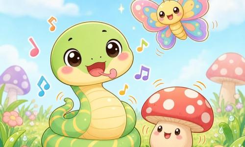 A small happy mischievous snake (explicitly a snake) with round shiny eyes, a slightly round head, pastel green body with thin yellow stripes and a pink heart-shaped tongue, curled in a joyful loop showing a slightly rounded belly that goes 