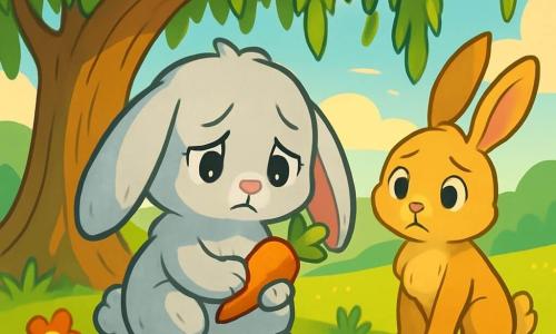 A little rabbit named Cloudy, with soft light gray fur, large floppy ears, and sparkling curious eyes, stands under an old willow tree. He has a melancholic expression, his small paws resting on a rock, sadly looking at a single carrot he holds. Nearby, his friend Pip, another rabbit with golden brown fur and bright eyes, stands with a sorrowful expression, his ears slightly drooping. He looks at Cloudy with regret, standing a bit back as if wanting to apologize. The setting is a green field bathed in golden light, with colorful flowers gently swaying in the breeze. The majestic old willow provides soft shade, while sun rays filter through the leaves, creating bright patterns on the ground. The main scene shows Cloudy, sad and disappointed, holding his carrot, while Pip in the background appears remorseful and worried, creating an atmosphere of emotional tension between the two friends.