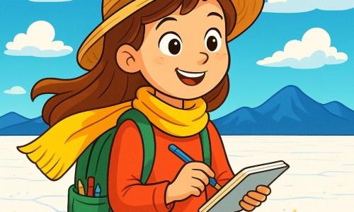 A young girl named Naya, around 10 years old, stands on a vast salt flat, her face lit up with a look of wonder. She wears a straw hat, a yellow scarf fluttering in the wind, and a backpack filled with maps and pencils. Her eyes shine with curiosity as she observes the landscape around her. In the distance, majestic blue mountains add a touch of mystery to the scene. The sky is a bright blue, dotted with fluffy white clouds. Naya is surrounded by small salt crystals sparkling like stars on the ground, creating a magical contrast with the bright white salt flat. She is taking notes in her notebook, focused and determined to discover the forgotten name of this place. The main scene shows Naya in the midst of exploration, ready to listen to the whispers of the salt flat, with a sense of adventure and discovery in the air.