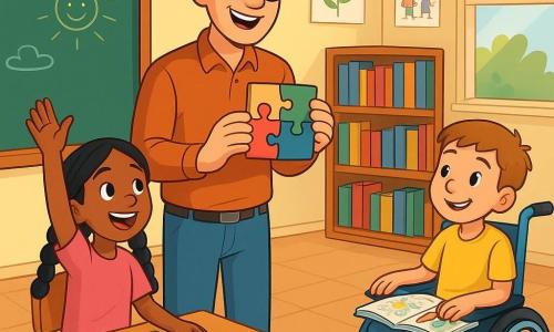 A smiling teacher in his thirties with messy brown hair and round glasses stands in the center of the classroom. He has a warm and encouraging look and holds a wooden puzzle in his hands, ready to show it to the children. Next to him, Amina, an 8-year-old girl with braided black hair, raises her hand enthusiastically, her eyes sparkling with excitement. She wears a pink t-shirt and jeans. A bit further away, Hugo, a 7-year-old boy in a wheelchair, watches attentively, smiling, with a coloring book on his lap. The classroom is bright and colorful, with walls decorated with children's drawings and shelves filled with colorful books. Crayons and sheets of paper are scattered on the wooden tables. Sunlight filters through the windows, creating a warm and welcoming atmosphere. The main scene shows the teacher explaining to the children how to assemble a puzzle while they share their ideas and drawings. The atmosphere is joyful and collaborative, filled with laughter and exchanges of ideas.