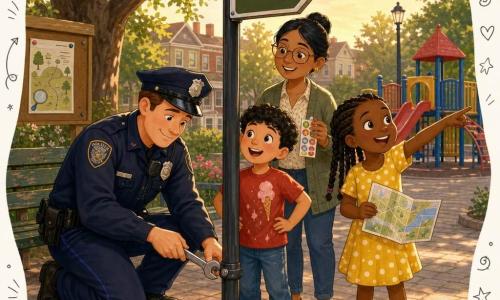 A kind, smiling police officer with fair skin, short brown hair, and a shiny navy jacket with badge and cap is kneeling and tightening a sign bolt with a small wrench; beside him stands Mateo, a ~7-year-old boy with curly black hair in a red, ice-cream-stained T-shirt, hands on hips and looking admiringly, and slightly ahead is Maria, ~8, with braided hair in a yellow polka-dot dress holding a simple map and pointing at a distant sign; Ms. Patel, a ~30-year-old teacher with brown skin and round glasses, smiles and holds a strip of small stickers behind the children; the scene is a small paved neighborhood square with a worn wooden bench, a large oak with fresh green leaves, a colorful playground in the background and a "Mini Sign Hunt" poster on a bulletin board, bathed in warm golden evening light, vivid colors, composition centered on the officer's action and the children's gazes.