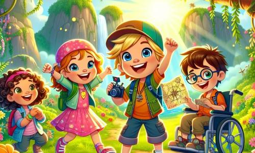 In a sunny clearing, four little adventurers stand together, surrounded by colorful flowers and majestic trees. Leo, an 8-year-old boy with messy blonde hair and sparkling blue eyes, holds a treasure map with a big smile, standing in the center of the image. Mia, a 7-year-old girl with curly hair and a pink dress, joyfully jumps next to Leo, arms raised in victory. Sam, a 9-year-old boy with glasses and brown hair, crouches on the right, holding a camera, ready to capture this magical moment. Emma, an 8-year-old girl with straight hair and a colorful cap, is on the left in her wheelchair, smiling and encouraging her friends. In the background, a large, mysterious cave looms, surrounded by bright flowers and green vines, while fireflies twinkle in the air, adding a touch of magic to the scene. The friends are preparing to enter the cave, their faces lit up with excitement, ready to discover the hidden treasure inside.