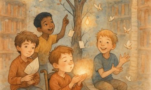 Four boys: Milo, about 10, wavy brown hair, gentle attentive face, sitting left under the tree holding a leaf-book to his chest; Aadi, about 10, olive skin, short black hair, smiling, standing slightly behind Milo on the right pointing curiously at a floating map; Ben, about 10, messy blond hair, laughing eyes, sitting right by the trunk releasing small pages that turn into butterflies; Tomas, about 10, light brown hair, in a finely carved wooden wheelchair at center front, blowing softly as a warm light rises from his breath. The setting is a floating indoor clearing with a floor of layered pages like paper tiles, a large tree whose leaves are written pages and brushlike branches, golden light filtering through paper-leaves, folded maps drifting, blurred library shelves and paper columns in the background. The main scene shows the boys gathered under the page-tree sharing a quiet, curious moment with little white cards in their pockets, glowing fruit hanging from branches, paper butterflies rising into the library sky, a soft intimate sense of wonder in a warm palette with blue-gray accents and light ink splatters.