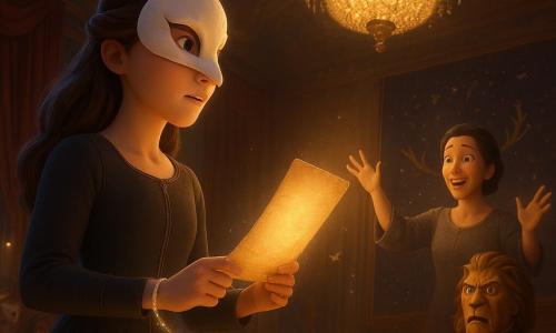 The protagonist is a ~17-year-old girl with a determined, moved expression, bright eyes, wearing a white swan mask and a dark dress with fine seams, holding a parchment map that glows gold and a thin silver band coiled around her wrist; her mother (~40) emerges relieved and surprised from a large starry tapestry, hands raised toward her; Nico (~13) with a mischievous face and fox mask stands at the foot of the dais holding a low lantern; Count Velasquez (~50) in a gilded lion mask and richly embroidered costume steps back, furious and baffled to the right; Mirelda (~60) in a simple gray dress with a visible key chain stands behind the girl, calm and solemn with a hand near the map. The setting is a grand baroque salon with high painted ceilings, red velvet curtains, a sparkling crystal chandelier, ancient tapestries (including a crowned stag), rows of masked nobles, flickering candles and pale moths drifting in the air. The central moment is the restoration of the true name: a beam of light bursts from the map and tapestry as the mother emerges in light, the silver band around the girl's wrist scintillates, moths whirl in a luminous trail, and the masked crowd looks on amazed in a charged, triumphant atmosphere.